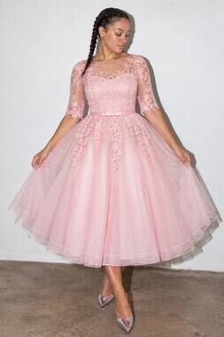 Pink 50s Style Lace Party Dress Tulle, Fit & Flare Retro Cocktail Dress, SZ 6 8